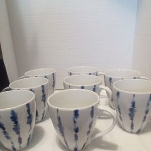 Crate&Barrel White Omari Blue & White Porcelin Cups   Set of 8 16oz